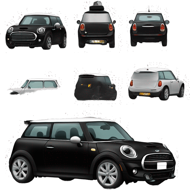 Black mini cooper, white roof, black doors,  emoji