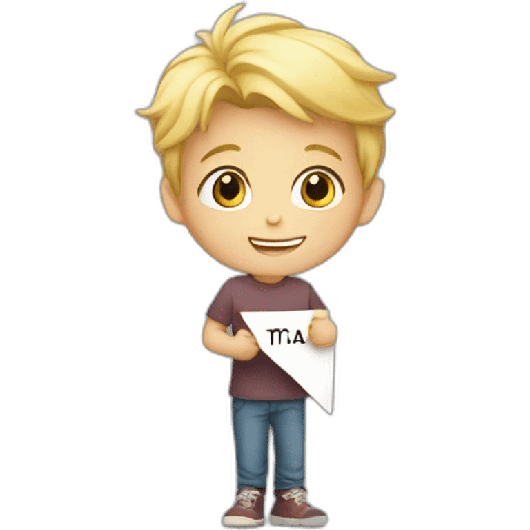 a young blond boy holding a sign , written" vivien ta maman"" emoji