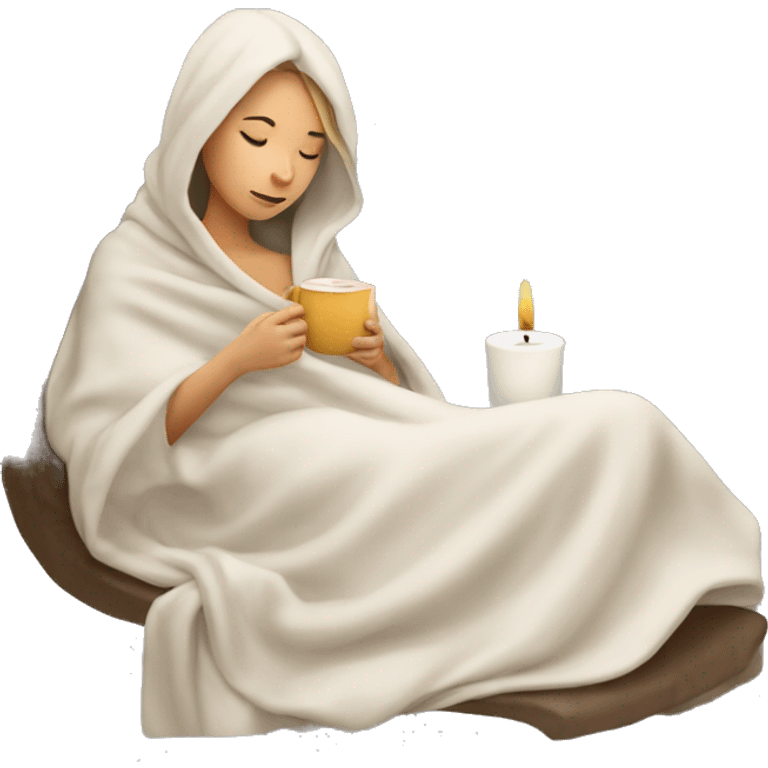 girl white inside a blanket sipping coffee eyes closed and candle emoji