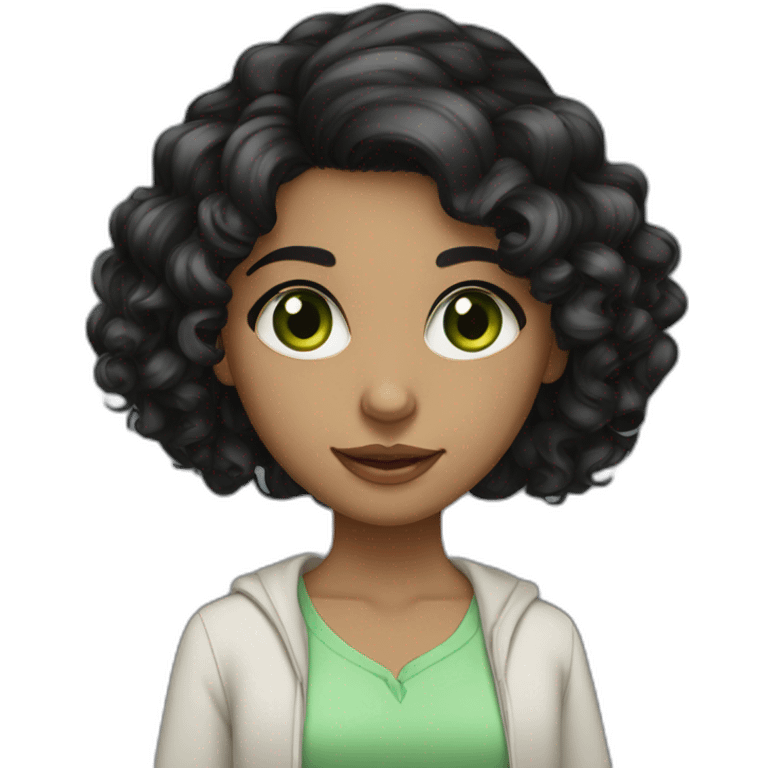 Medium length Curly black hair girl big green eyes arab skin color emoji