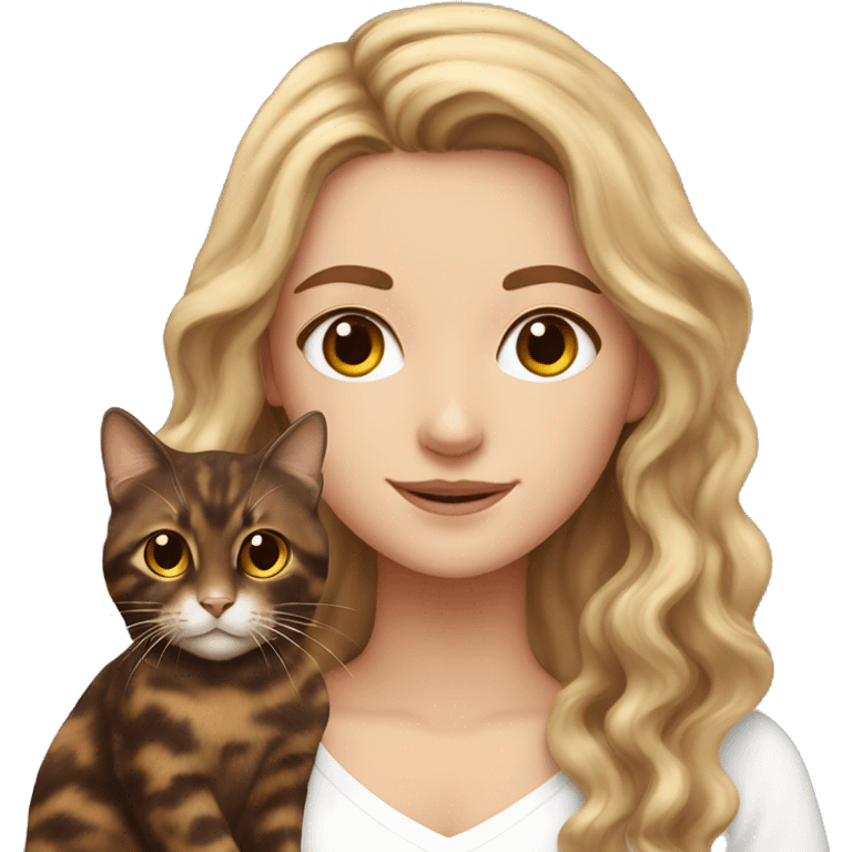 White girl with brown long wavy hair holding a tortoiseshell cat emoji