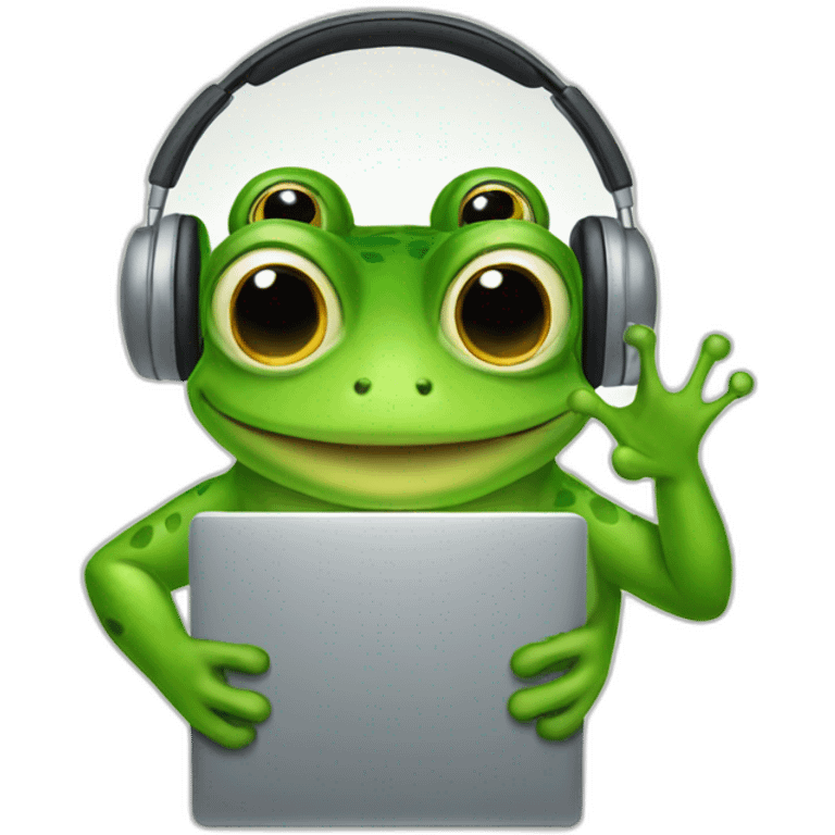 a frog man holding a laptop wearing headdphones emoji