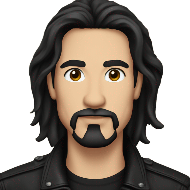 Man with long black hair, black goatee, square jawline, eyeliner, black leather jacket, black pants, black shirt and pentacle necklace emoji