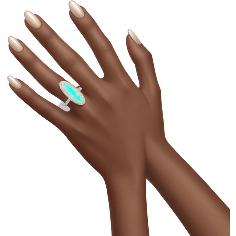 Long oval french manicured hands with oval iridescent gem on wedding ring finger emoji