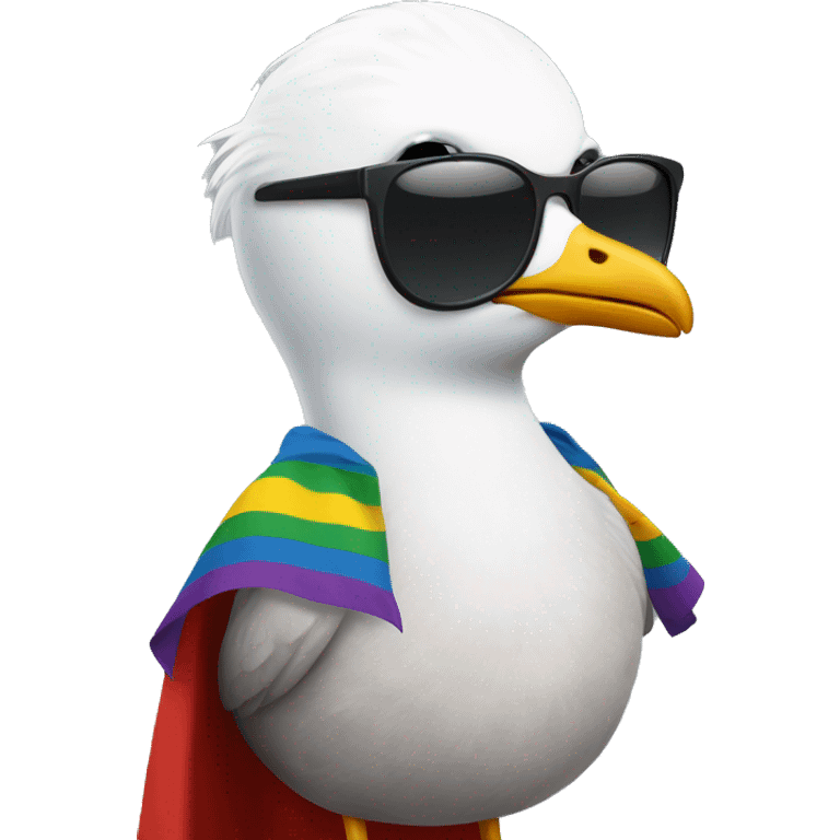 a seagull wearing a lesbian flag as a cape and also wearing sunlases emoji