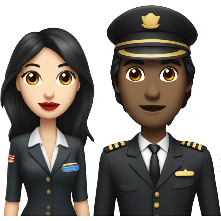 Flight attendant with long black hair, red lips and white skin with a pilot man with beige skin and black hair emoji