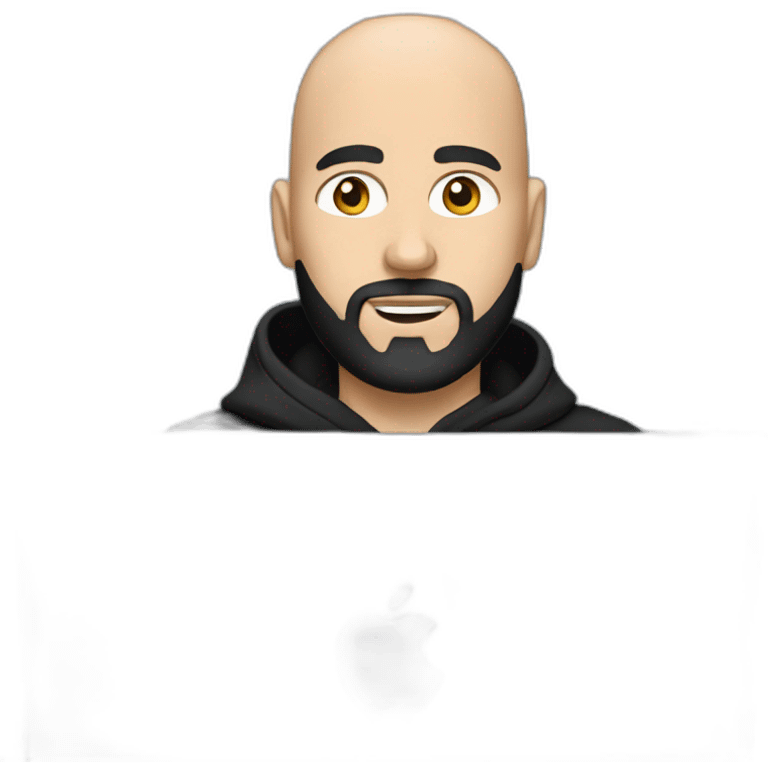 bald white man with a black beard typing on apple computer wearing a black hoodie emoji