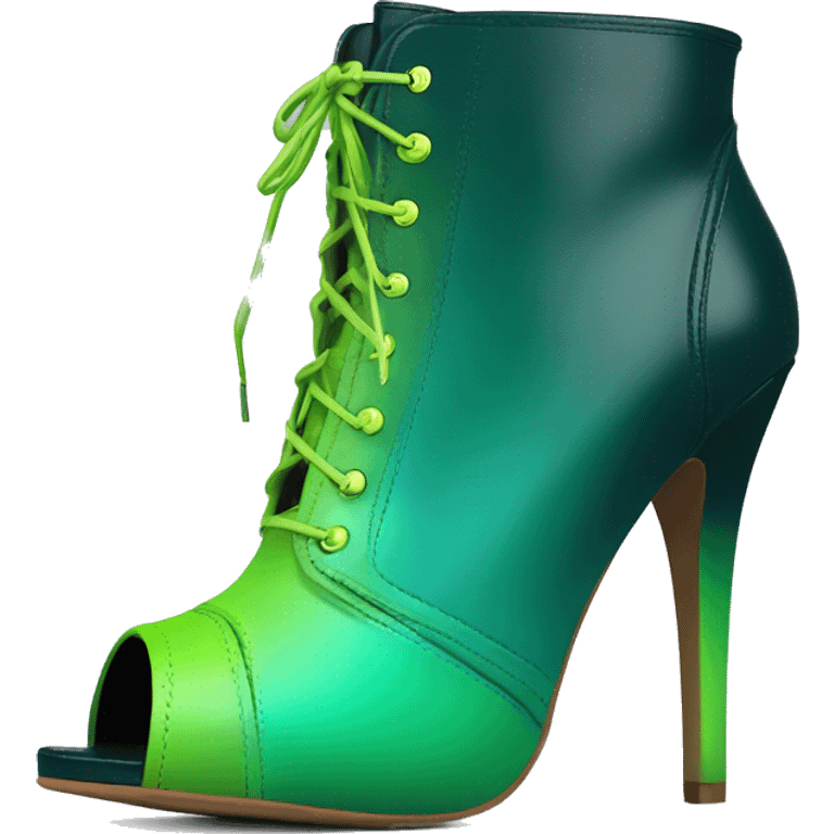 Realistic isolated top front view of a pair of dark teal,lime green,mint green and emerald green ombre high heel peep toe ankle bootie boots. emoji