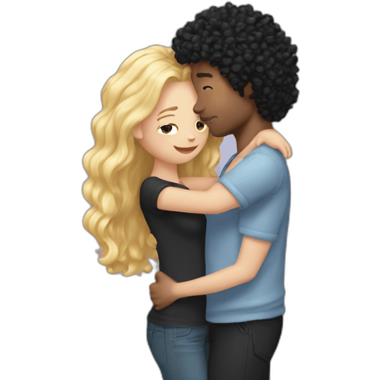 Long blond hair girl hugging a man with black curly hair emoji