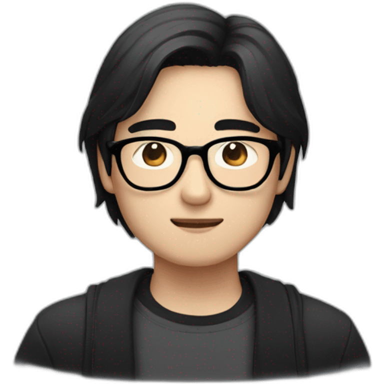 Heavy bespectacled Asian Man with black neck length hair with a black and white cat emoji