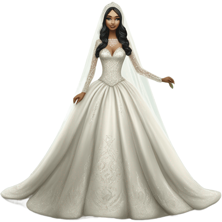 Hyper Realistic ornate ballgown long sleeve Wedding dress with diamanté on Russian bride with pale skin and green eyes and long black hair with veil hyper realistic  emoji