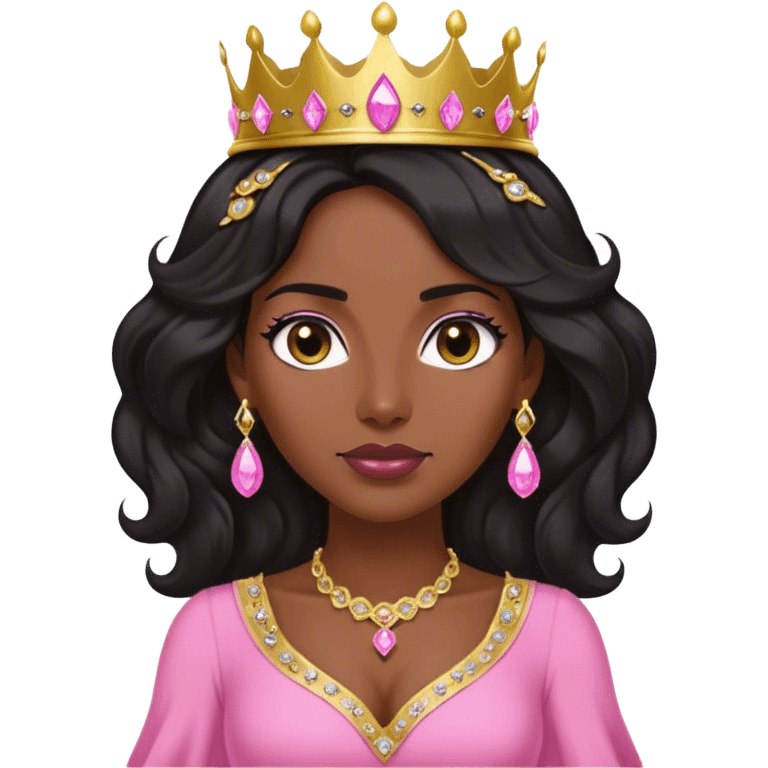 Crown dark black women with long lightly WAVY hair pink dress pink crown facing forward black hair middle age adult woman gold gems in crown gold earrings  one woman emoji