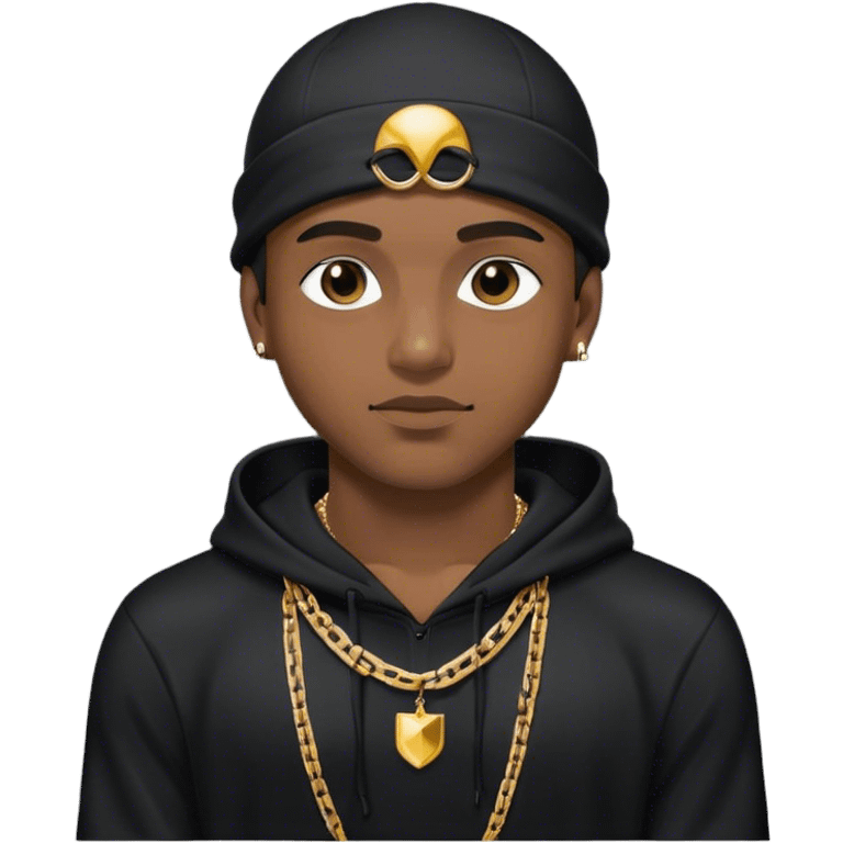 Brown skin man wearing a black swim cap wearing a gold chain and black hoodie emoji