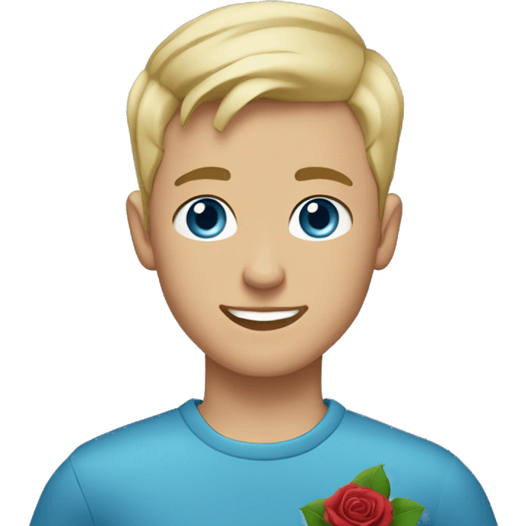 blonde haired 18-year-old boy, buzz cut hair, blue eyes, blue top, blue background, holding a rose  emoji