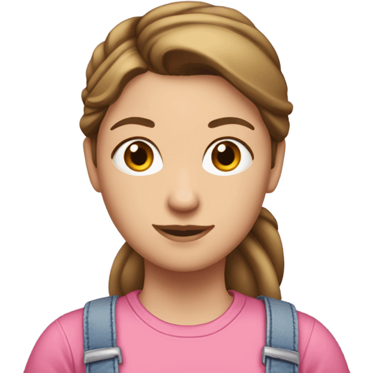 A white woman with brown hair in pony tail wearing pink headband, pink t shirt and overalls  emoji