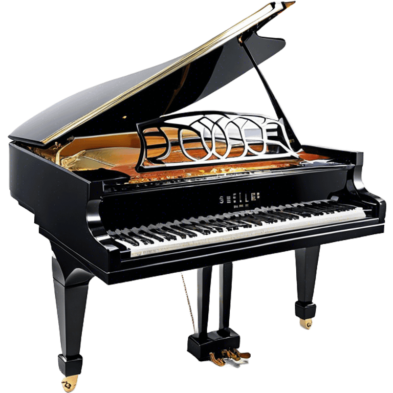 Create an elegant and detailed emoji representing the Seiler 278 Konzert grand piano. The design should feature the grand piano's polished black body with shiny, reflective surfaces, capturing its high-quality craftsmanship. The black and white keys should be clearly visible, with the curved shape of the grand piano’s body and lid, which can be slightly open. Add visible details like the pedal system, the intricate wood finish on the frame, and the elegant legs of the piano. The musical notes should float around the piano, evoking the sound of a professional concert instrument. Use deep black, white, and gold tones to highlight its luxurious appearance. The background should be transparent. emoji