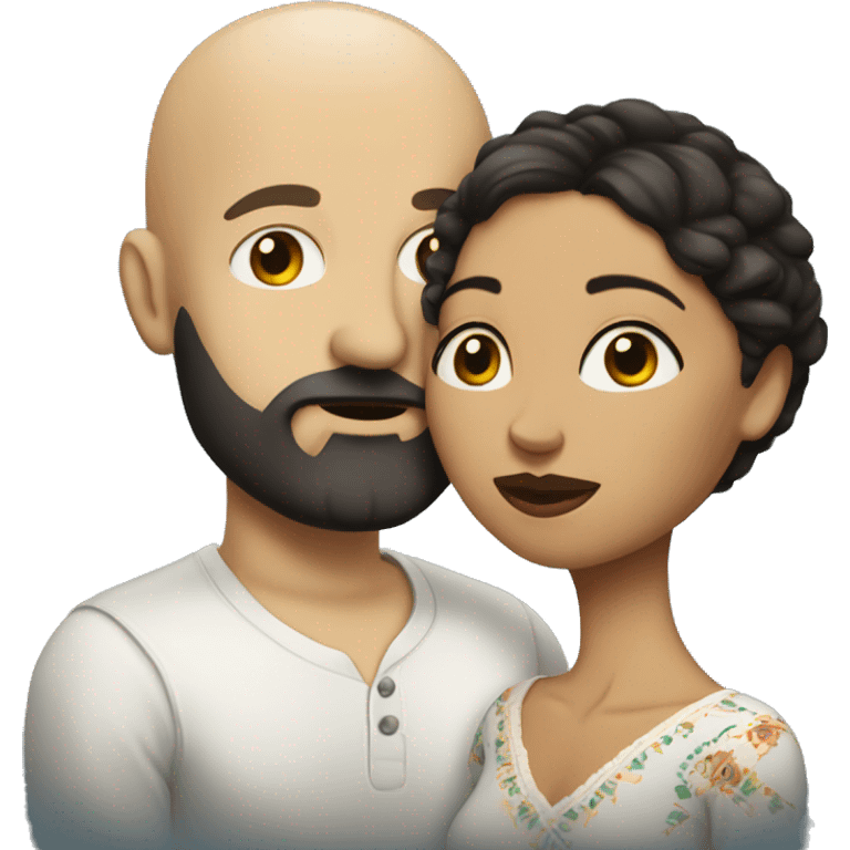 White (bald man) with (dark beard) kissing short Mexican woman with (long dark wavy hair) emoji