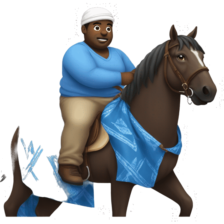 Fat black man wearing dirty blue bandannas and clothes riding a horse emoji