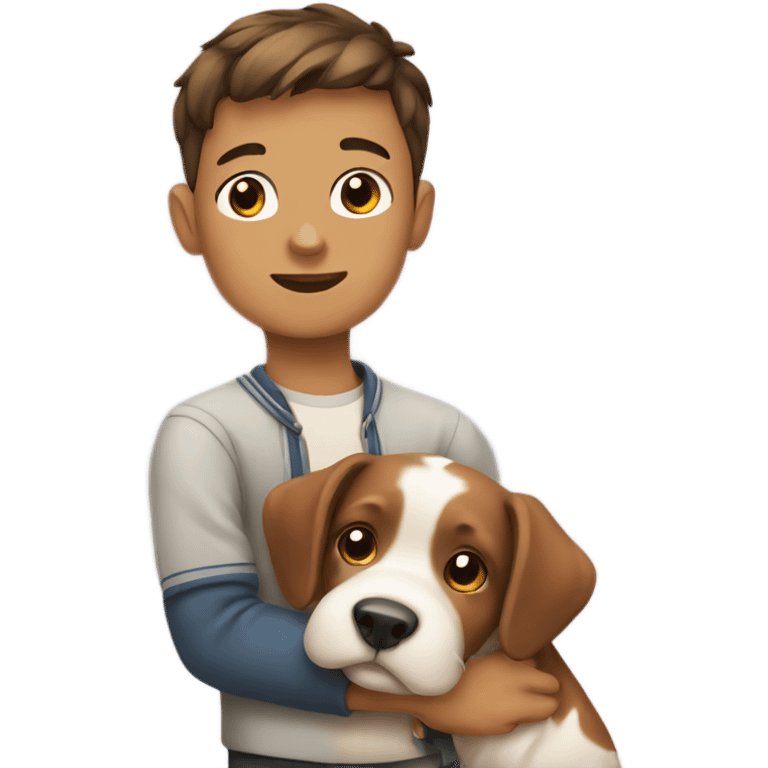 boy holding dog indoors emoji