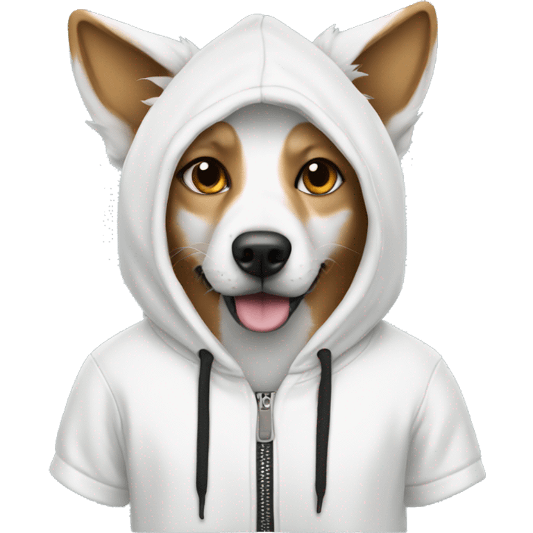 Dog wearing a white fox hoodie emoji