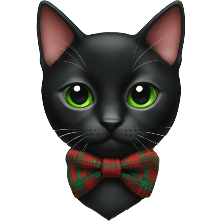 Black cat wearing a green and red plaid bow tie colar. emoji