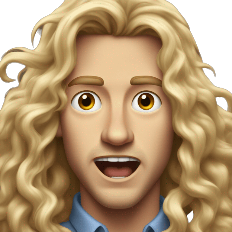 A handsome young man with long, wavy fair-haired hair cascading down past his shoulders, his face contorted in a look of utter shock and amazement, eyes wide open and mouth agape, appearing totally stunned and bewildered by something extraordinary emoji