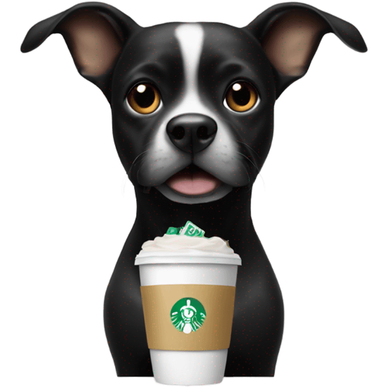 A dog holding a star bucks cup and the dog is black and has a bow on her head emoji