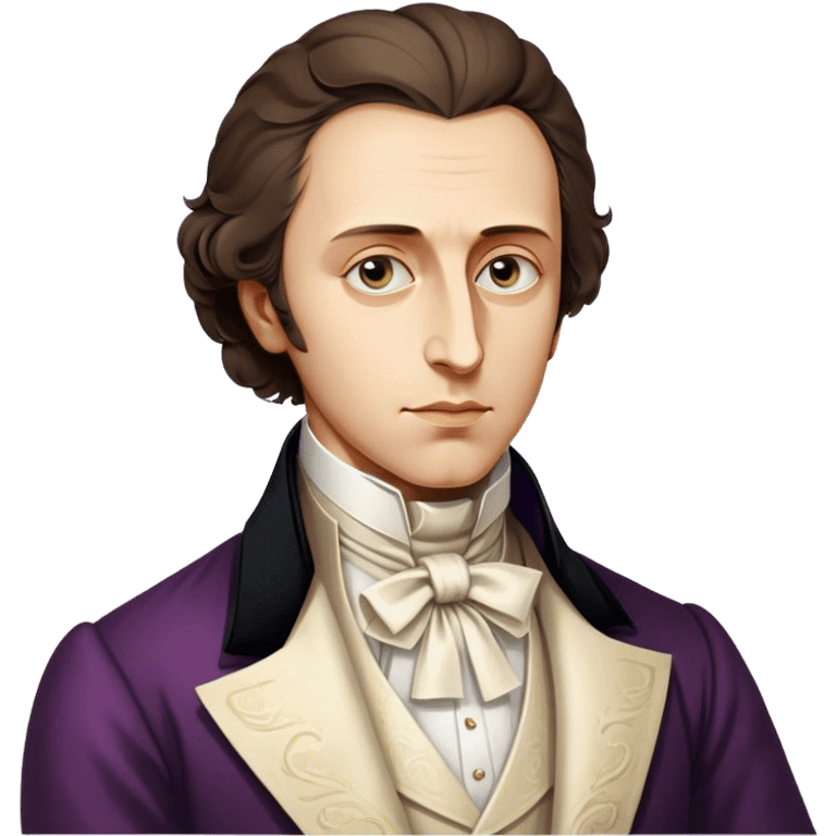 Cinematic Realistic Chopin Portrait Emoji, depicted as an introspective composer with expressive eyes and period attire, rendered with rich textured detail and soft classical lighting that captures his emotive musical genius. emoji