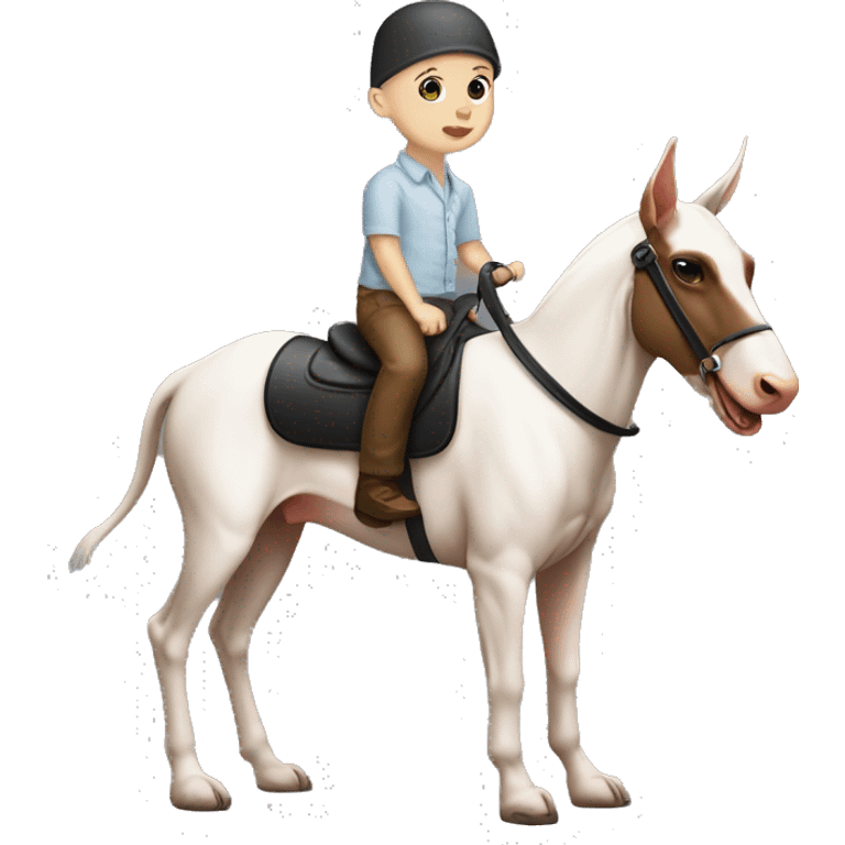 A bald, white skin, newborn baby boy riding a Doberman like a horse emoji