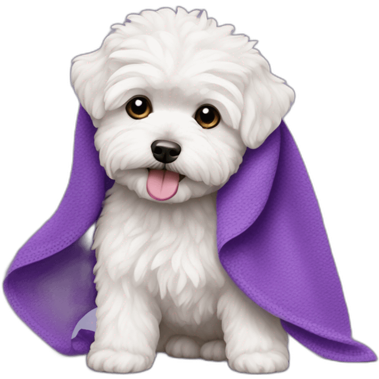 White maltipoo with purple towel emoji