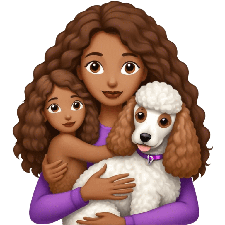 White standard poodle and long-haired brown-skinned woman embrace emoji