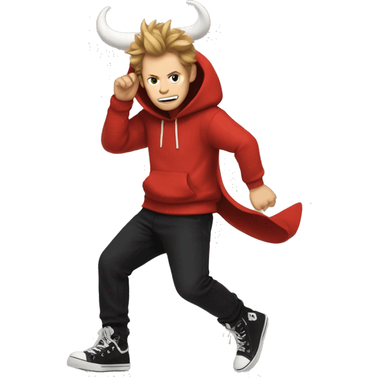 Tord has red hoodie and black pants and black and white shoes and horns in his hair  emoji