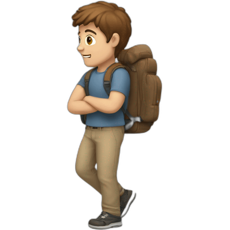 White man with brown hair with a backpack walking toward a house emoji