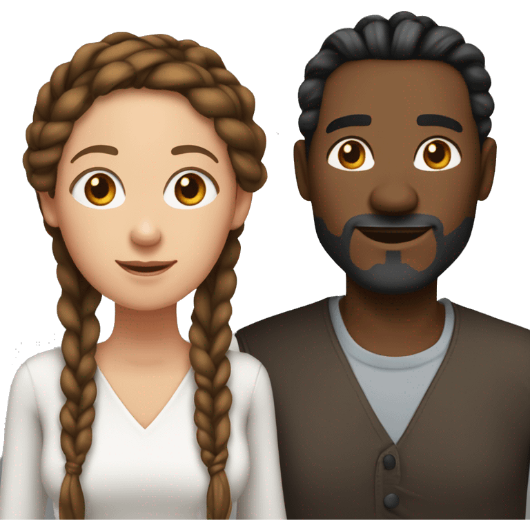 Woman and man couple, in their 40's, woman is medium dark black complexion, her hair is long black twisted braids, man is fair skinned white male with reddish hair that's medium length emoji