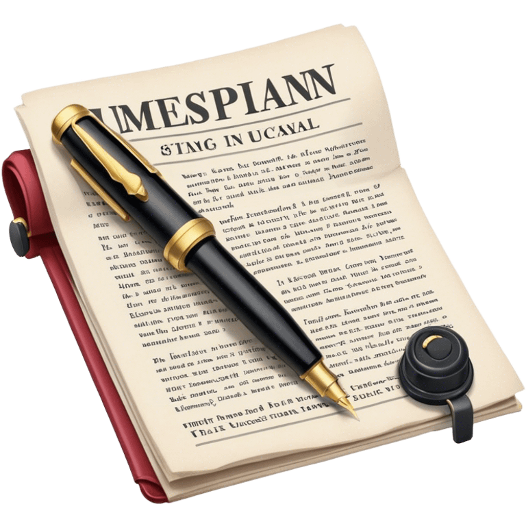 Create an emoji representing journalism and publicistic writing. The design should feature an open newspaper or a stack of articles with visible text columns, symbolizing opinion pieces and analysis. A classic fountain pen or ballpoint pen should be placed near the papers, indicating the act of writing. Optionally, include a small microphone or a press badge to emphasize investigative and journalistic aspects. Use neutral and professional colors like black, white, and muted blue or red. Do not include any emojis or smiley faces. Make the background transparent. emoji