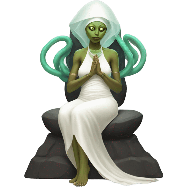 a Reptilian alien woman, pregnant, in meditation, white dress like a priestess emoji