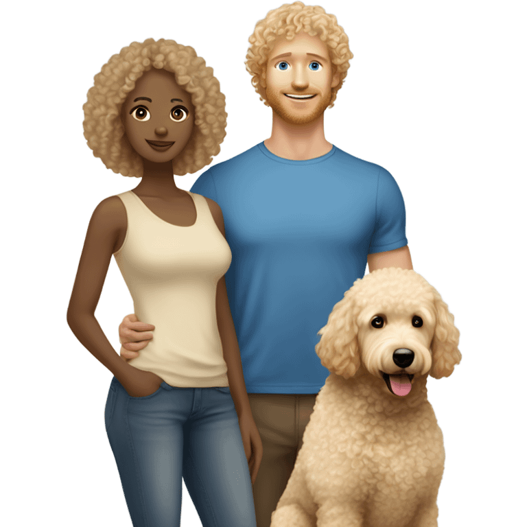 Biracial male with curly short Afro holding a beige golden doodle standing next to a Caucasian blonde hair lady with blue eyes  emoji