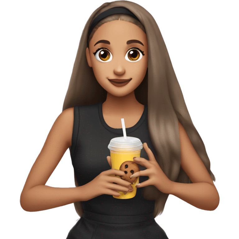 ariana grande holding juice and a cookie in 2 seprate hands emoji