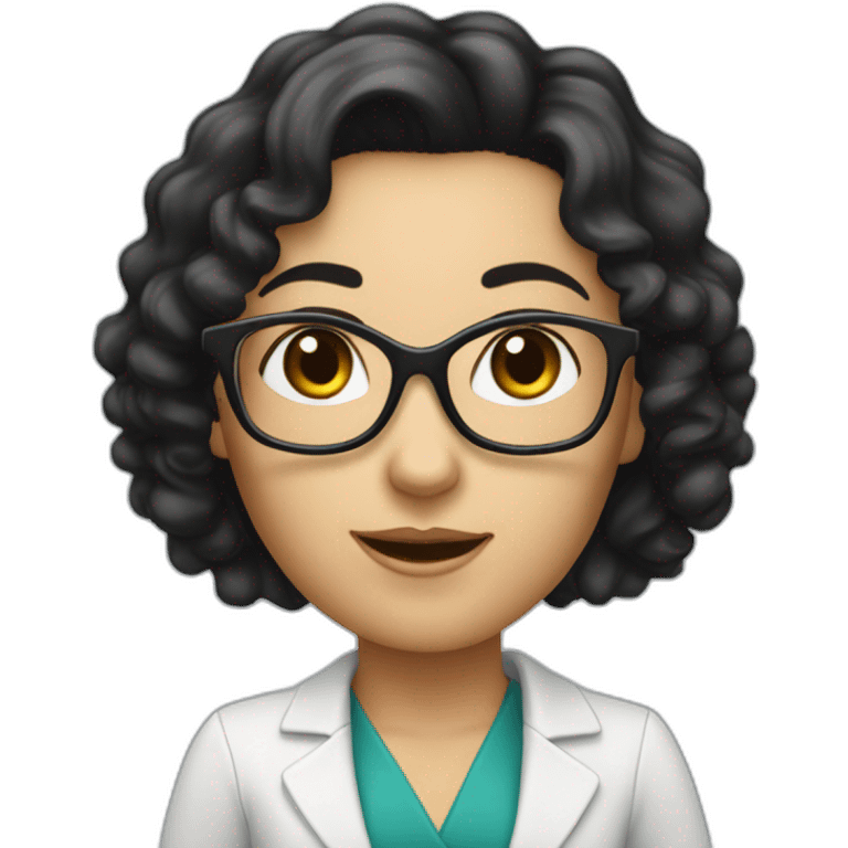 caucasian information desk Woman with black curly hair and white streaks and glasses with arm raised emoji