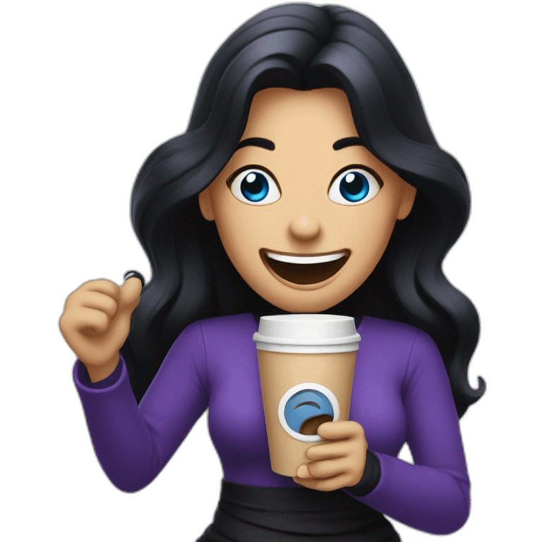 A crazy lady with blue eyes and long black hair and all black and purple dressed is laughing while holding a coffee emoji