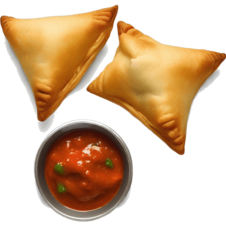 2 Samosas with red and green chutney on the side emoji