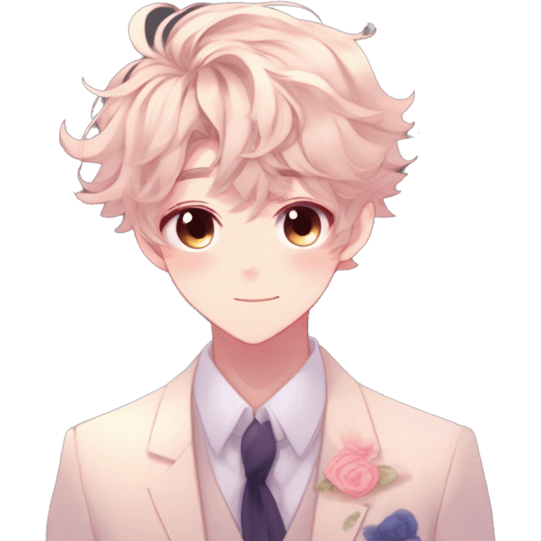 Gorgeous romantic hot attractive anime style formal modern gentlemanly anime shojo guy with pretty hair and flower petals and blushing face aesthetic trending style with colorful gradient colors  pastelcore cottagecore kawaiicore emoji