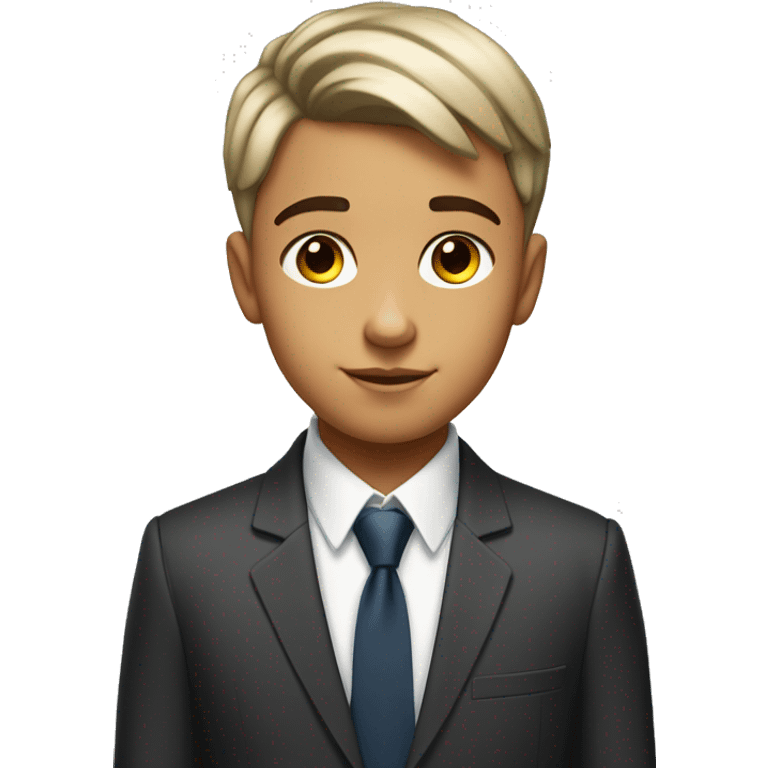 a 12 year old with a few freckles and a low taper fringe haircut and is white but 20% tanned and wearing a suit  emoji