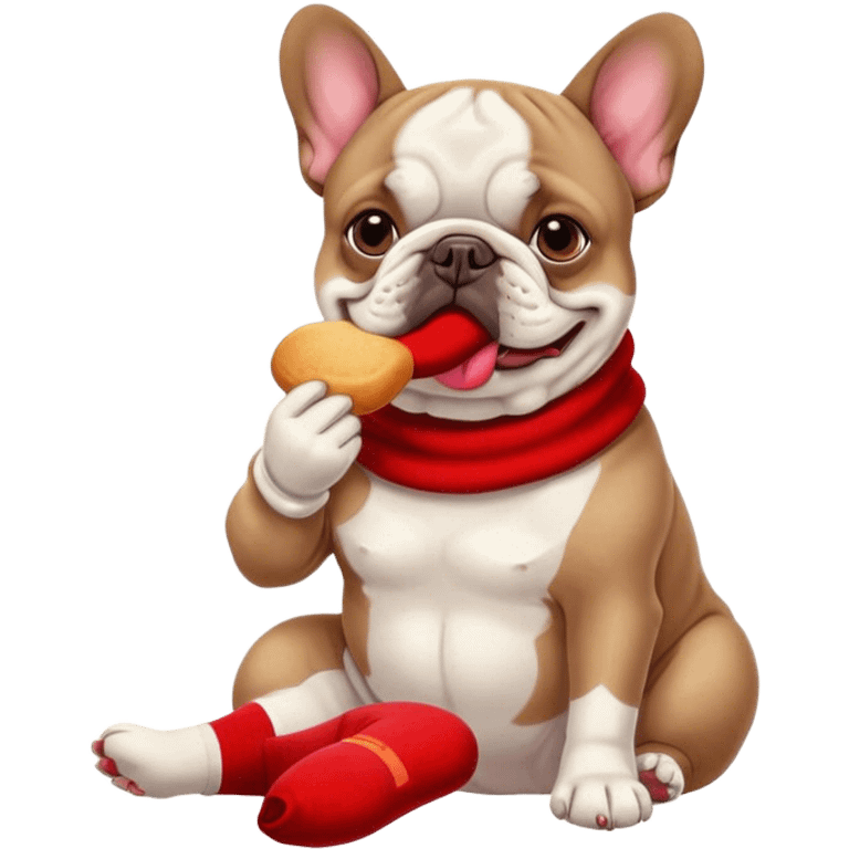 French bouledogue dog eating a red sock emoji