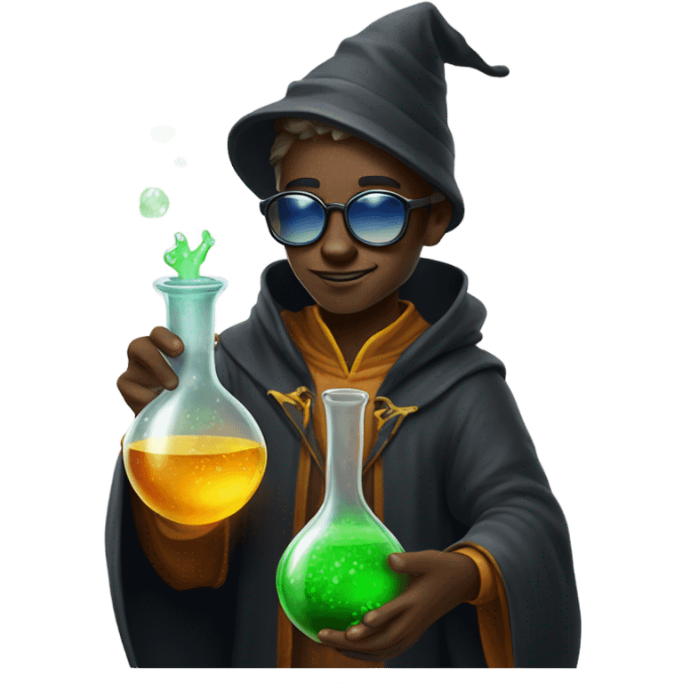 Young wizard mixing potions while wearing sunglasses emoji