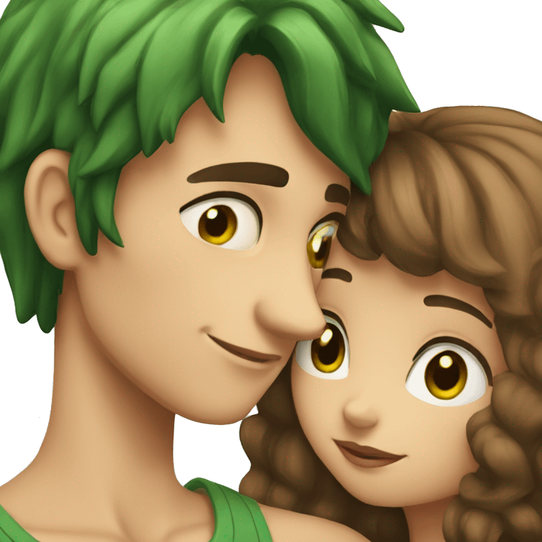 A boy with brown hair kissing a girl with green hair emoji