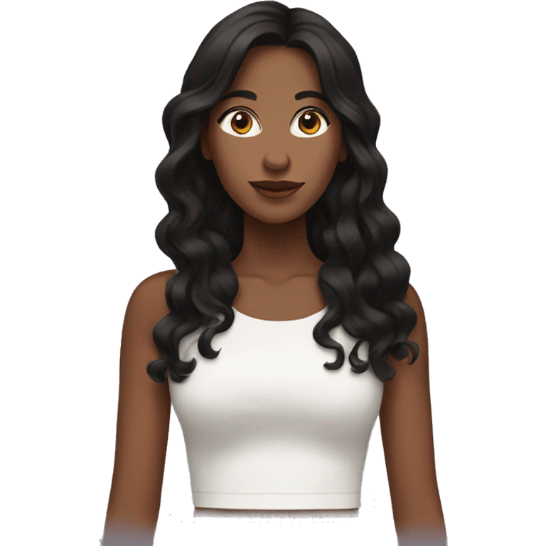 only the back of a brown women, with black hair, a white crop top, wavy long hair emoji