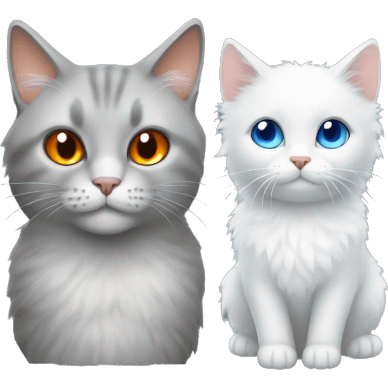 A Fluffy grey cat with orange eyes and a white cat with blue eyes emoji