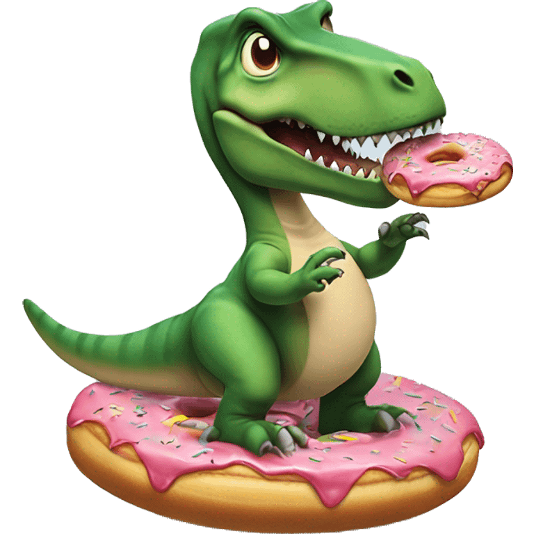 t rex riding a donut like a skateboard while eating a mini cheese pizza emoji