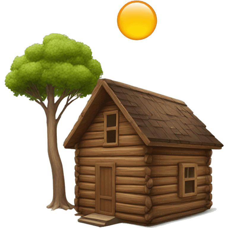 Wood Cabin near tree, 5 stories tall solar  emoji